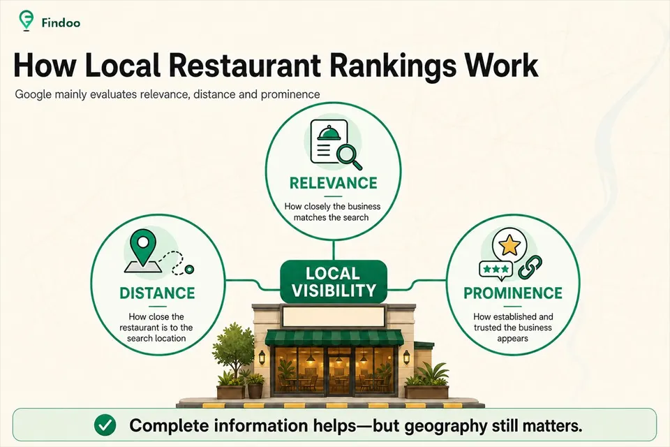 Relevance, distance and prominence factors affecting local restaurant visibility