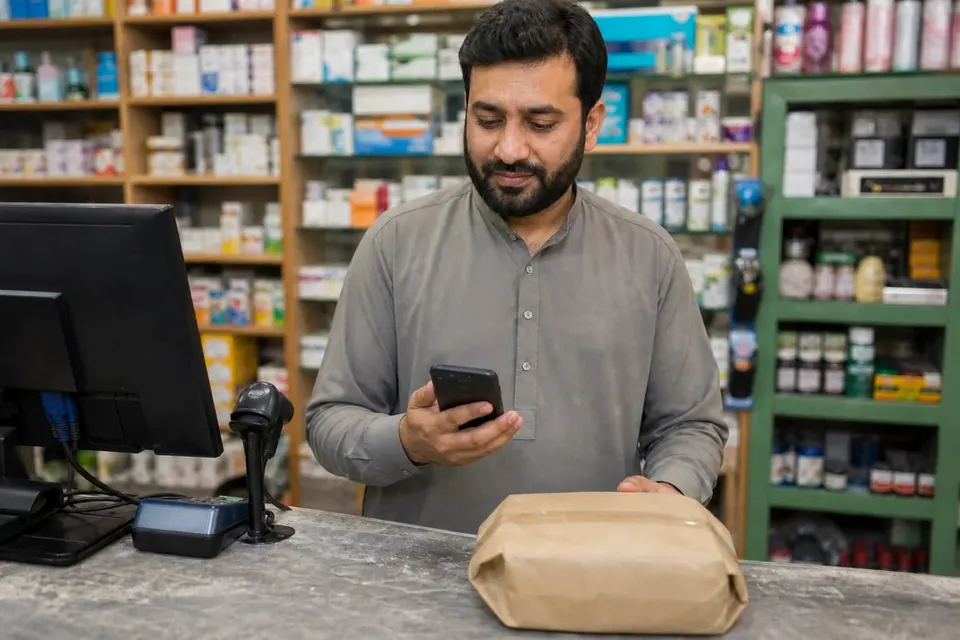 A business owner confirming a mobile payment in his account before releasing an order