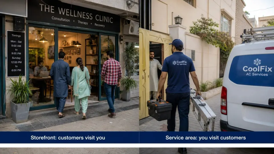 Storefront business where customers visit compared with a service-area business that visits customers.