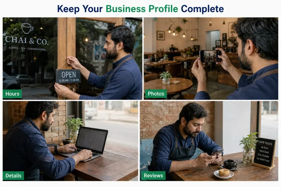 Business owner updating opening hours, contact details, photos and customer reviews for a complete business profile