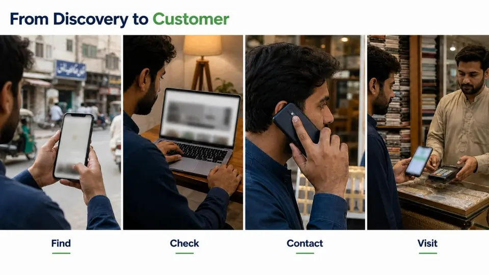 Customer journey from finding a local business online to checking its website, making contact and visiting the business
